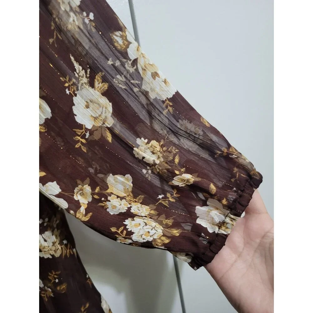 Sabrina Lauren XL Brown Gold Floral Ruffle Boho Festival Top Fairy Whimsy Sheer - Picture 4 of 9